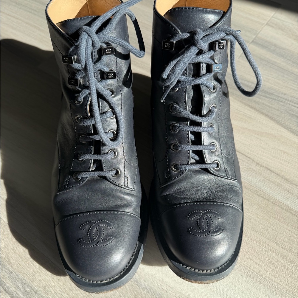 CHANEL Dark navy blue Leather Lace-Up Boots